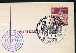 Postmark - West Berlin 1968 8pfg postal stationery card with special cancellation for 225th Anniversary of the Post in Hachenburg illustrated with Postal Messenger & Chur..., stamps on postal    postman     churches