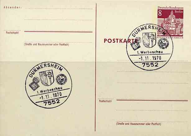 Postmark - West Berlin 1970 8pfg postal stationery card with special Durmersheim cancellation Stamp & Coin Show illustrated with Town's Arms, Baden 3kr stamp & Olympic Coin, stamps on stamp exhibitions, stamps on coins    olympics    arms, stamps on heraldry