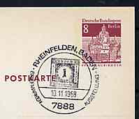 Postmark - West Berlin 1968 8pfg postal stationery card with special Rheinfelden cancellation for Stamp Exhibition illustrated with Baden 1kr stamp, stamps on stamp on stamp, stamps on stamp exhibitions, stamps on stamponstamp