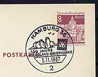 Postmark - West Berlin 1967 8pfg postal stationery card with special Hamburg cancellation for Heligoland Stamp Centenary illustrated with outline of Heligoland 1867 stamp, stamps on stamp centenary, stamps on stamp on stamp, stamps on stamponstamp