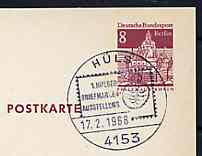 Postmark - West Berlin 1968 8pfg postal stationery card with special HŸls cancellation for First HŸls Stamp Exhibition illustrated with stylised stamp & arms of HŸls, stamps on stamp on stamp, stamps on stamp exhibitions, stamps on arms, stamps on heraldry, stamps on stamponstamp