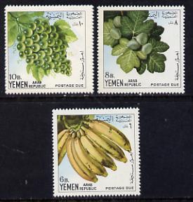 Yemen - Republic 1967 Fruits 'Postage due' set of 3 vals unmounted mint SG D468-70 (Mi 28-30), stamps on food     fruit      bananas     grapes    figs