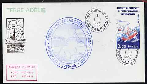 French Southern & Antarctic Territories 1986 Supply Ship 'Polarbj\9Arn'  on illustrated cover with first day cancel, with cachet showing Helicopter & Penguins, SG 213, stamps on ships, stamps on polar, stamps on helicopter, stamps on penguins, stamps on 