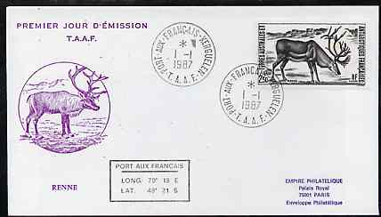 French Southern & Antarctic Territories 1987 Antarctic Wildlife (Reindeer) on illustrated cover with first day cancel, SG 225, stamps on , stamps on  stamps on animals, stamps on  stamps on deer, stamps on  stamps on polar