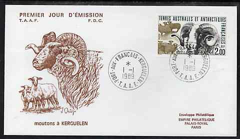 French Southern & Antarctic Territories 1989 Flora & Fauna 2f (Sheep) on illustrated cover with first day cancel, SG 245, stamps on animals, stamps on sheep, stamps on ovine