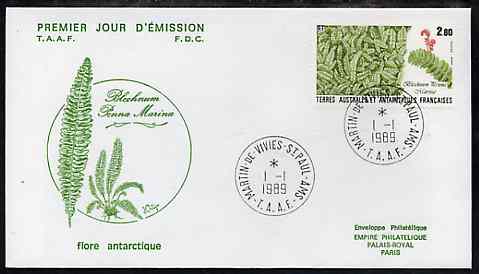 French Southern & Antarctic Territories 1989 Flora & Fauna 2f80 (Blechnum penna marina) on illustrated cover with first day cancel, SG 246, stamps on flowers, stamps on ferns