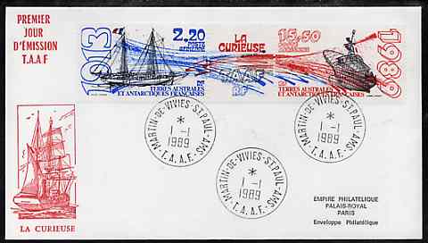 French Southern & Antarctic Territories 1989 Ships set of 2 plus label on illustrated cover with first day cancel, SG 250a, stamps on ships