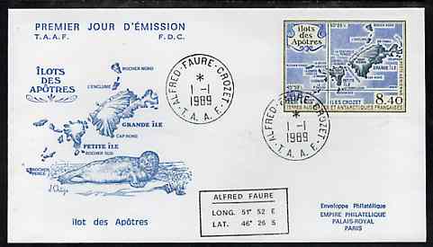 French Southern & Antarctic Territories 1989 Apostle Island 8f40 on illustrated cover with first day cancel, SG 254, stamps on maps, stamps on seals