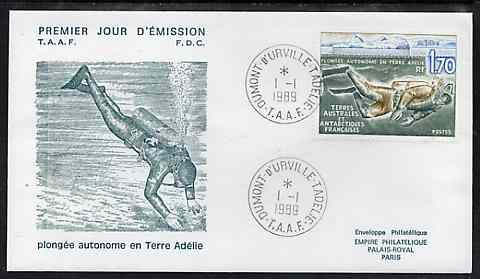 French Southern & Antarctic Territories 1989 Diving in Adelie Land on illustrated cover with first day cancel, SG 248, stamps on , stamps on  stamps on scuba-diving, stamps on  stamps on diving