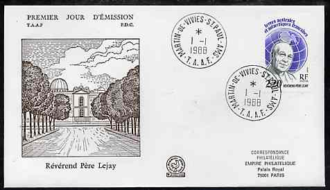 French Southern & Antarctic Territories 1988 Father Lejay on illustrated cover with first day cancel, SG 233, stamps on religion, stamps on globes