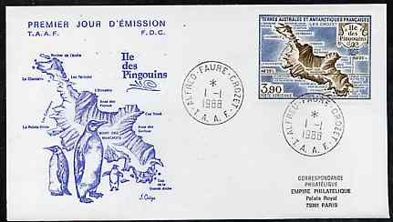 French Southern & Antarctic Territories 1988 Penguin Island 3f90 on illustrated cover with first day cancel, SG 240, stamps on maps, stamps on penguins, stamps on polar