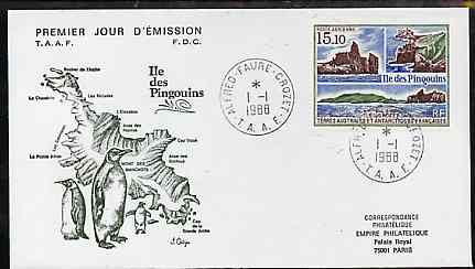 French Southern & Antarctic Territories 1988 Penguin Island 15f10 on illustrated cover with first day cancel, SG 241, stamps on maps, stamps on penguins, stamps on polar
