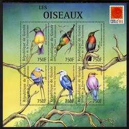 Guinea - Conakry 2001 Birds #1 perf sheetlet containing 6 values with Phila Nippon 01 logo unmounted mint. Note this item is privately produced and is offered purely on i..., stamps on birds, stamps on stamp exhibitions