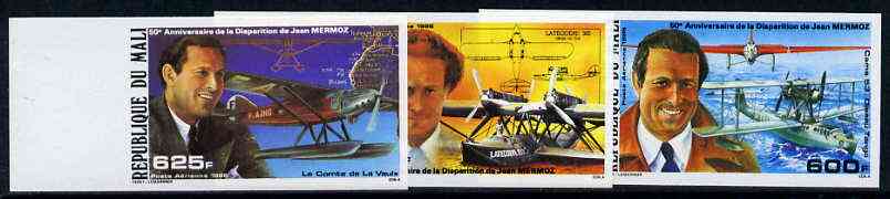 Mali 1986 Jean Mermoz (Aviator) unmounted mint imperf set of 3 from limited printing (as SG 1109-11), stamps on aviation