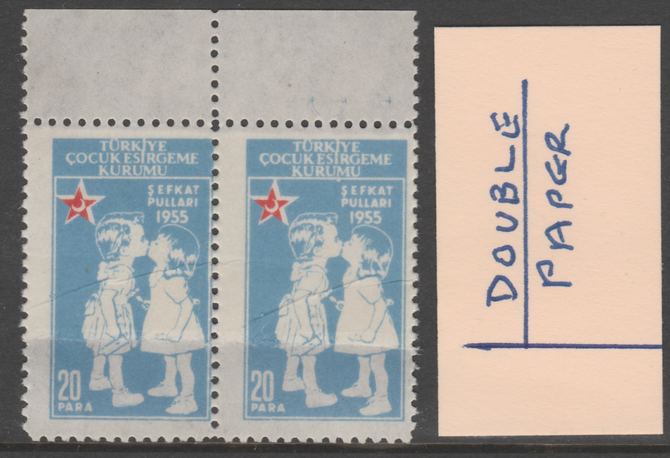 Turkey 1955 Postal Tax - Children Kissing 20para horiz pair printed on double paper (paper join) unmounted mint, stamps on , stamps on  stamps on children       red cross