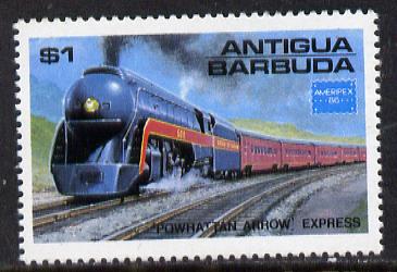 Antigua 1986 Ameripex Stamp Exhibition $1 Arrow Express unmounted mint (SG 1016), stamps on postal, stamps on railways, stamps on stamp exhibitions