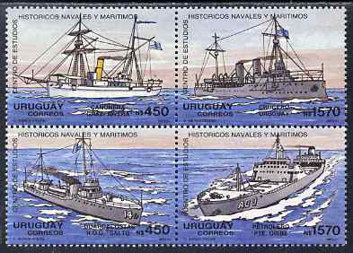 Uruguay 1991 Naval & Maritime History set of 4 in se-tenant block unmounted mint, SG2045-48, stamps on ships, stamps on militaria, stamps on  oil , stamps on 