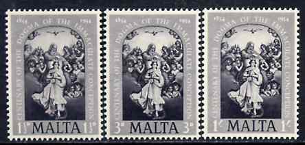 Malta 1954 the Immaculate Conception perf set of 3 in black specially produced for the Penrose book, marked on reverse 'Reproduction only, No Postal or Philatelic value' unmounted mint, stamps on religion
