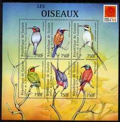 Guinea - Conakry 2001 Birds #3 perf sheetlet containing 6 values with Phila Nippon 01 logo unmounted mint. Note this item is privately produced and is offered purely on i..., stamps on birds, stamps on stamp exhibitions, stamps on 