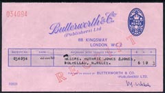 Cinderella - Receipt from Butterworth & Co (Publishers) imprinted with 2d blue oval stamp, stamps on books     literature