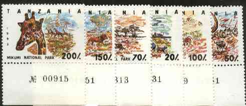Tanzania 1993 National Parks (Animals) unmounted mint set of 7, SG 1689-95, Mi 1607-13*, stamps on animals, stamps on rhino, stamps on buffalo, stamps on leopard, stamps on cats, stamps on baboon, stamps on apes, stamps on lion, stamps on giraffe, stamps on zebra, stamps on national parks, stamps on parks