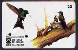 Telephone Card - Brazil 20 units phone card showing Bird (Bandeirinha Pavaozinko Coqueta Cola Raqueta) and nest with young, stamps on birds