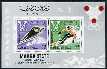 Aden - Mahra 1967 Grenoble Winter Olympics perf m/sheet (Skiing & Ski Jumping) unmounted mint, Mi BL 4A, stamps on olympics   sport    skiing