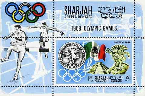 Sharjah 1968 Olympics (Medal, Mexican Art, Flag & Steeplechase) perf m/sheet unmounted mint (Mi BL 41A), stamps on olympics   sport      artefacts      flags    steeplechase