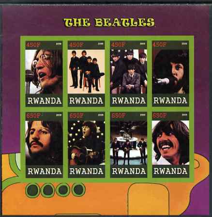 Rwanda 2009 The Beatles imperf sheetlet containing 8 values unmounted mint, stamps on personalities, stamps on beatles, stamps on pops, stamps on music, stamps on rock