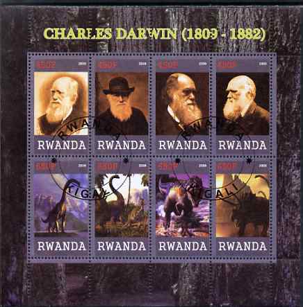 Rwanda 2009 Charles Darwin and Dinosaurs perf sheetlet containing 8 values cto used, stamps on personalities, stamps on science, stamps on dinosaurs, stamps on darwin