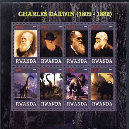 Rwanda 2009 Charles Darwin and Dinosaurs perf sheetlet containing 8 values unmounted mint, stamps on personalities, stamps on science, stamps on dinosaurs, stamps on darwin