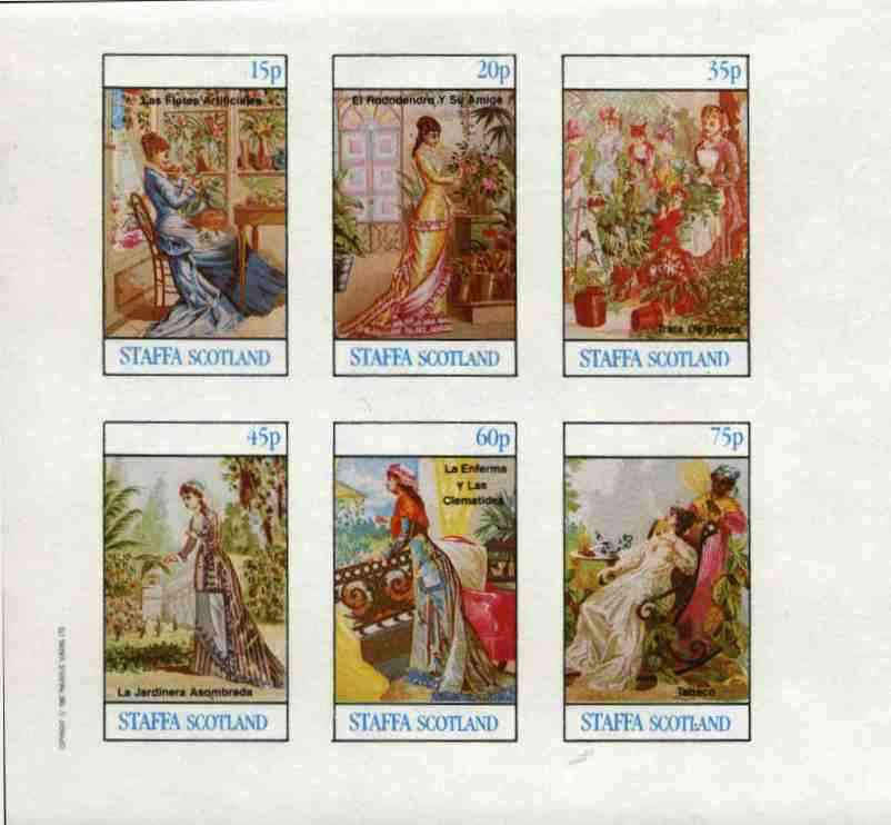 Staffa 1982 Plants & Victorian Fashions (Tobacco, Clematis, etc) imperf set of 6 values (15p to 75p) unmounted mint, stamps on flowers     fashion    tobacco