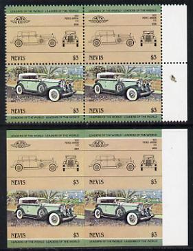 Nevis 1984 Cars #2 (Leaders of the World) $3 Pierce Arrow unmounted mint imperf block of 4 with matched normal perf block (2 se-tenant pairs as SG 209a) , stamps on cars