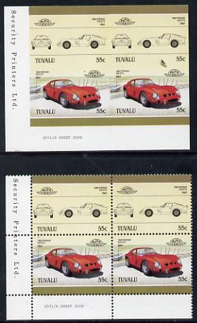 Tuvalu 1985 55c Ferrari unmounted mint imperf corner block of 4 (2 se-tenant pairs as SG 366a) with matched normal perf block, stamps on cars, stamps on ferrari