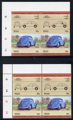 Nevis 1984 50c VW Beetle unmounted mint imperf block of 4 (2 se-tenant pairs as SG 207a) with matched normal perf block, stamps on , stamps on  stamps on cars, stamps on  stamps on  vw , stamps on  stamps on 
