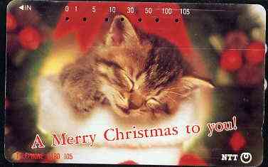 Telephone Card - Japan 105 units phone card showing Sleeping Kitten with A Merry Christmas To You (card dated 19.10.1992), stamps on cats         christmas