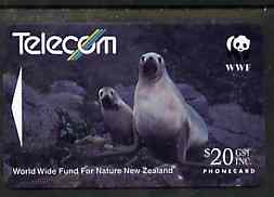 Telephone Card - New Zealand $20 phone card showing Hookers Sea Lion (WWF series), stamps on wwf     polar    animals     seals, stamps on  wwf , stamps on 