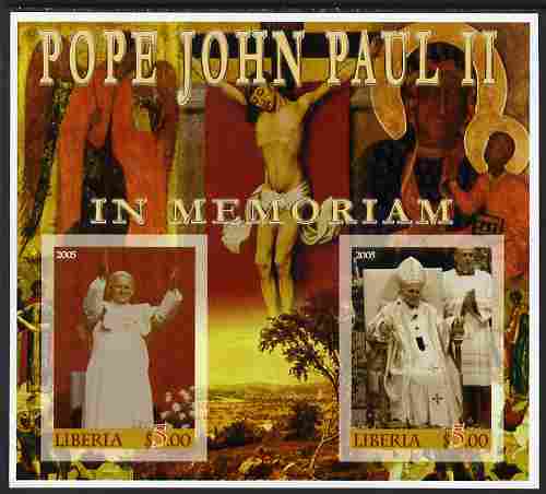 Liberia 2005 Pope John Paull II in Memoriam #02 imperf sheetlet containing 2 values unmounted mint, stamps on popes, stamps on religion, stamps on personalities, stamps on pope