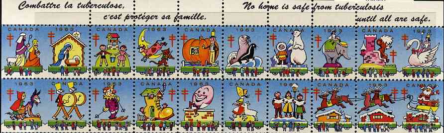 Cinderella - Canada 1963 Christmas TB Seals, set of 16 in fine unmounted mint se-tenant strips (Christmas scenes & Pantomime characters), stamps on cinderellas, stamps on cinderella, stamps on tb, stamps on christmas, stamps on diseases, stamps on entertainments