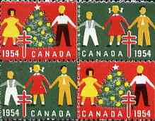 Cinderella - Canada 1954 Christmas TB Seals, fine unmounted mint se-tenant block of 4 , stamps on cinderellas, stamps on cinderella, stamps on tb, stamps on christmas, stamps on diseases