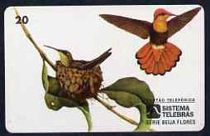 Telephone Card - Brazil 20 units phone card showing Bird (Beija Flor Vermelho Colibri Rubi) and nest with young, stamps on birds