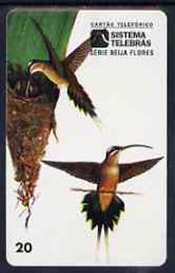 Telephone Card - Brazil 20 units phone card showing Bird (Rabo Branco Fazenda Klabin) and nest with young, stamps on birds   