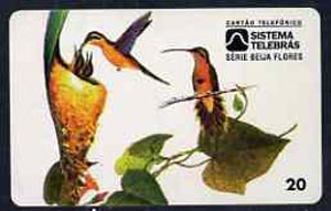 Telephone Card - Brazil 20 units phone card showing Bird (Rabo Branco Besourinho Da Mata Marronzinho) and nest with young, stamps on birds   