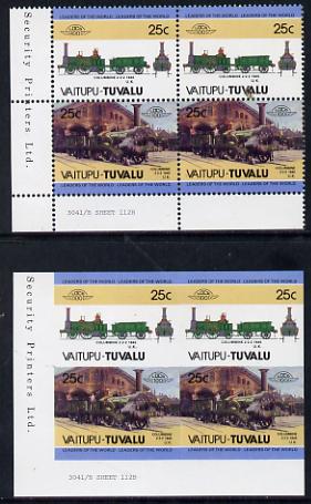 Tuvalu - Vaitupu Locomotives #1 - 25c 'Columbine 2-2-2' in unmounted mint imperf block of 4 (2 se-tenant pairs) plus matched normal perf block, stamps on , stamps on  stamps on railways