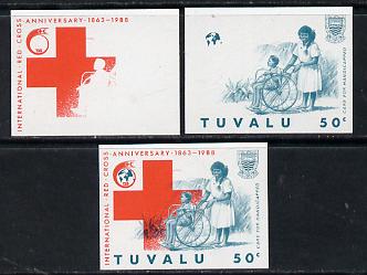 Tuvalu 1988 Red Cross 50c unmounted mint set of 3 progressive proofs comprising the 2 individual colours plus the composite as issued (but imperf)*, stamps on medical    red cross       nurses