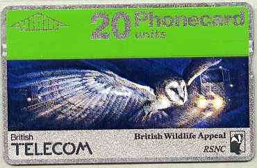 Telephone Card - Great Britain 20 units phone card showing Barn Owl in Flight (British Wildlife Appeal), stamps on , stamps on  stamps on birds, stamps on  stamps on birds of prey, stamps on  stamps on owls