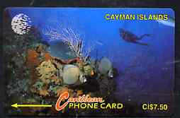 Telephone Card - Cayman Islands $7.50 phone card showing Diver and Sea bed with Corals & Fish, stamps on coral    marine-life    scuba-diving   fish