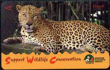 Telephone Card - Singapore $10 phone card showing Leopard (Wildlife Conservation Series), stamps on cats     leopard