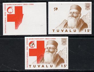 Tuvalu 1988 Red Cross 15c set of 3 imperf progressive proofs comprising the 2 individual colours plus the composite as issued (but imperf) unmounted mint*, stamps on medical    red cross