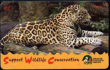 Telephone Card - Singapore $20 phone card showing Jaguar (Wildlife Conservation Series), stamps on cats     jaguar